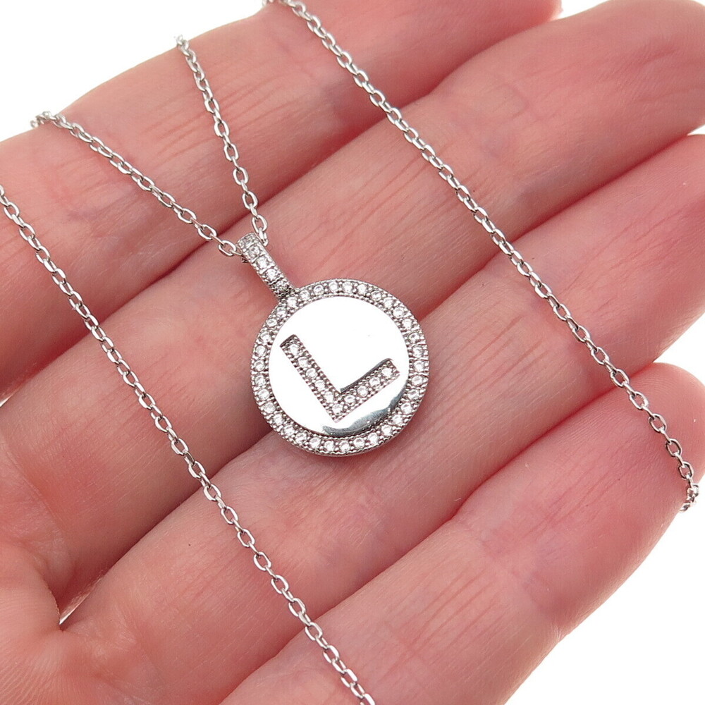 925 Sterling Silver Round-Cut C Z Letter L Tag Cable Chain Necklace 16-18"